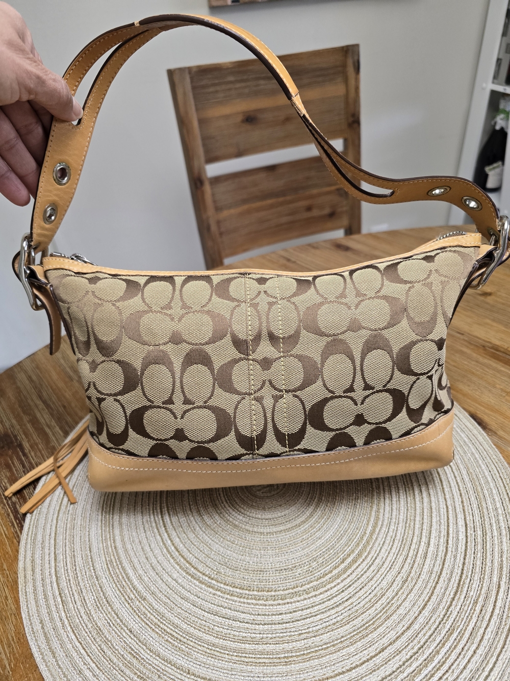 Coach Signature Khaki Canvas & Vachetta Leather East West Demi Baguette